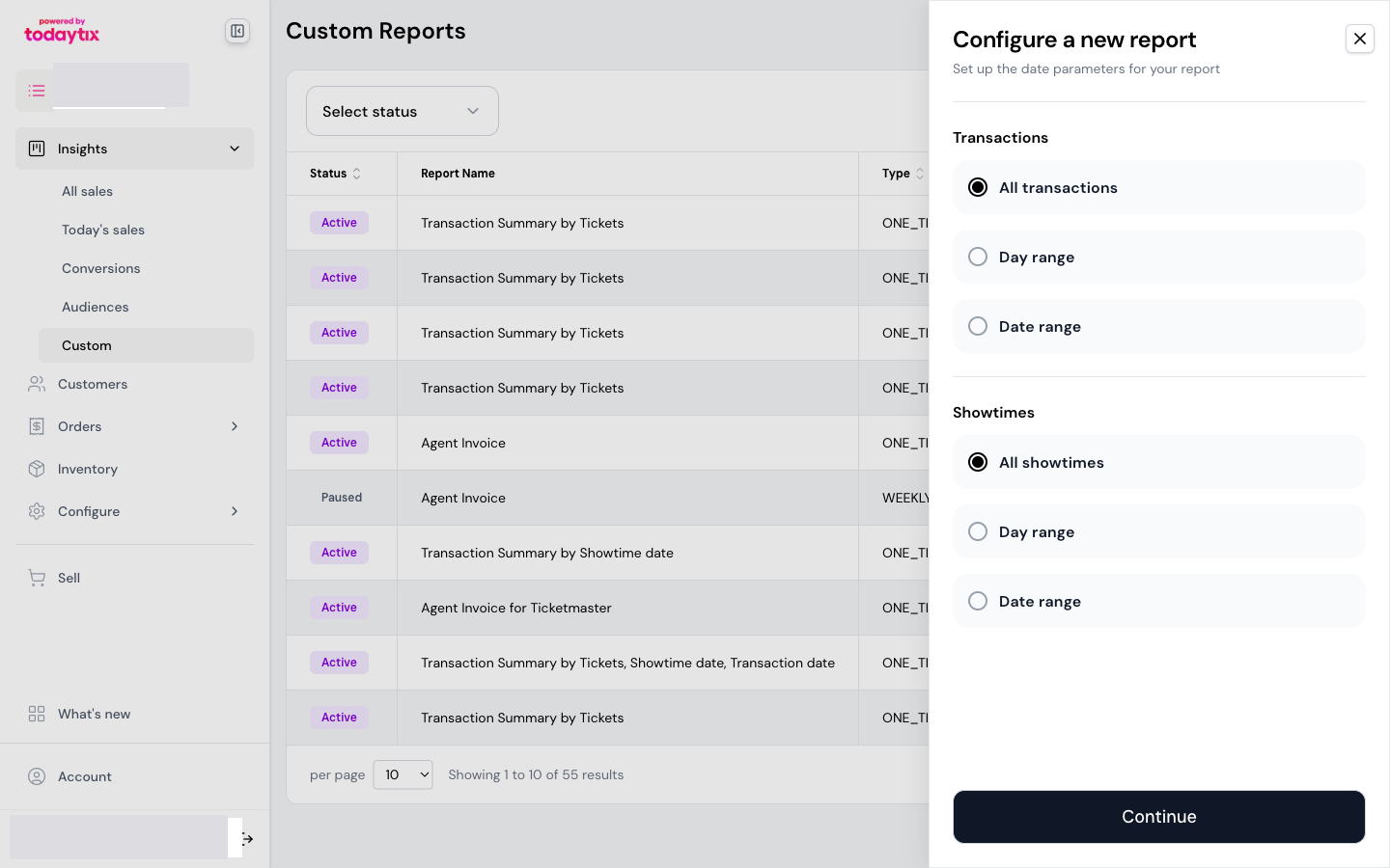 Step 1 — the default view with All transactions and All performances selected.