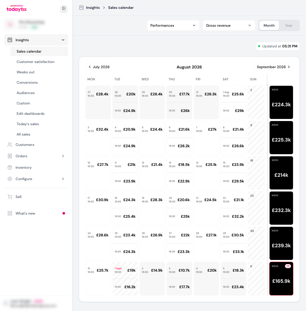 The performances view shows each showtime on its calendar date.