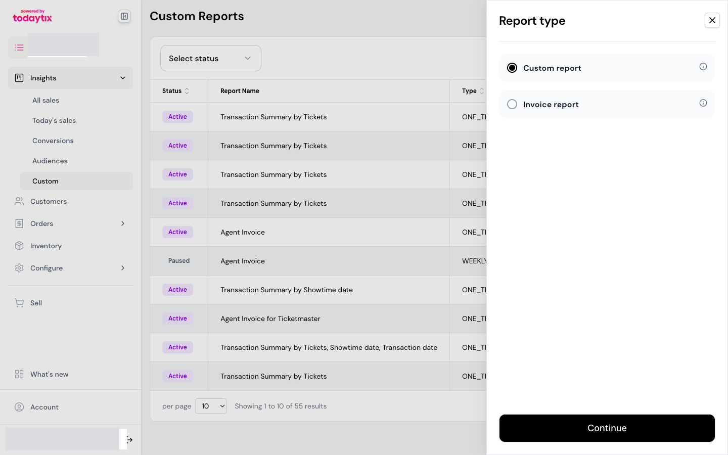 Select Custom report or Invoice report.