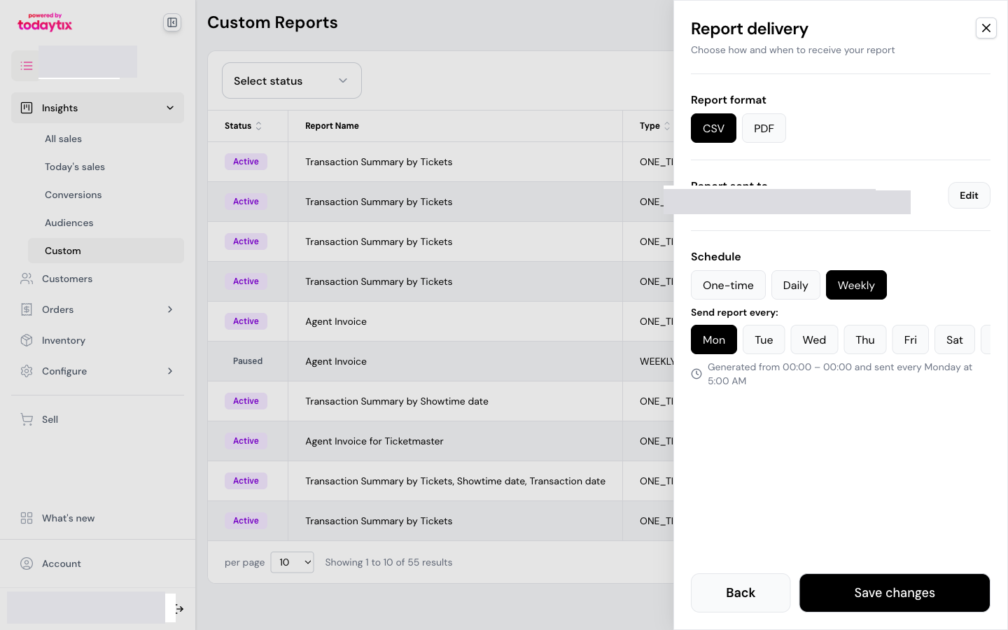 Weekly schedule with day-of-week picker — choose when to receive the report.