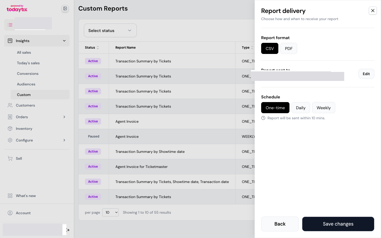 Step 3 — format, recipients, and schedule.