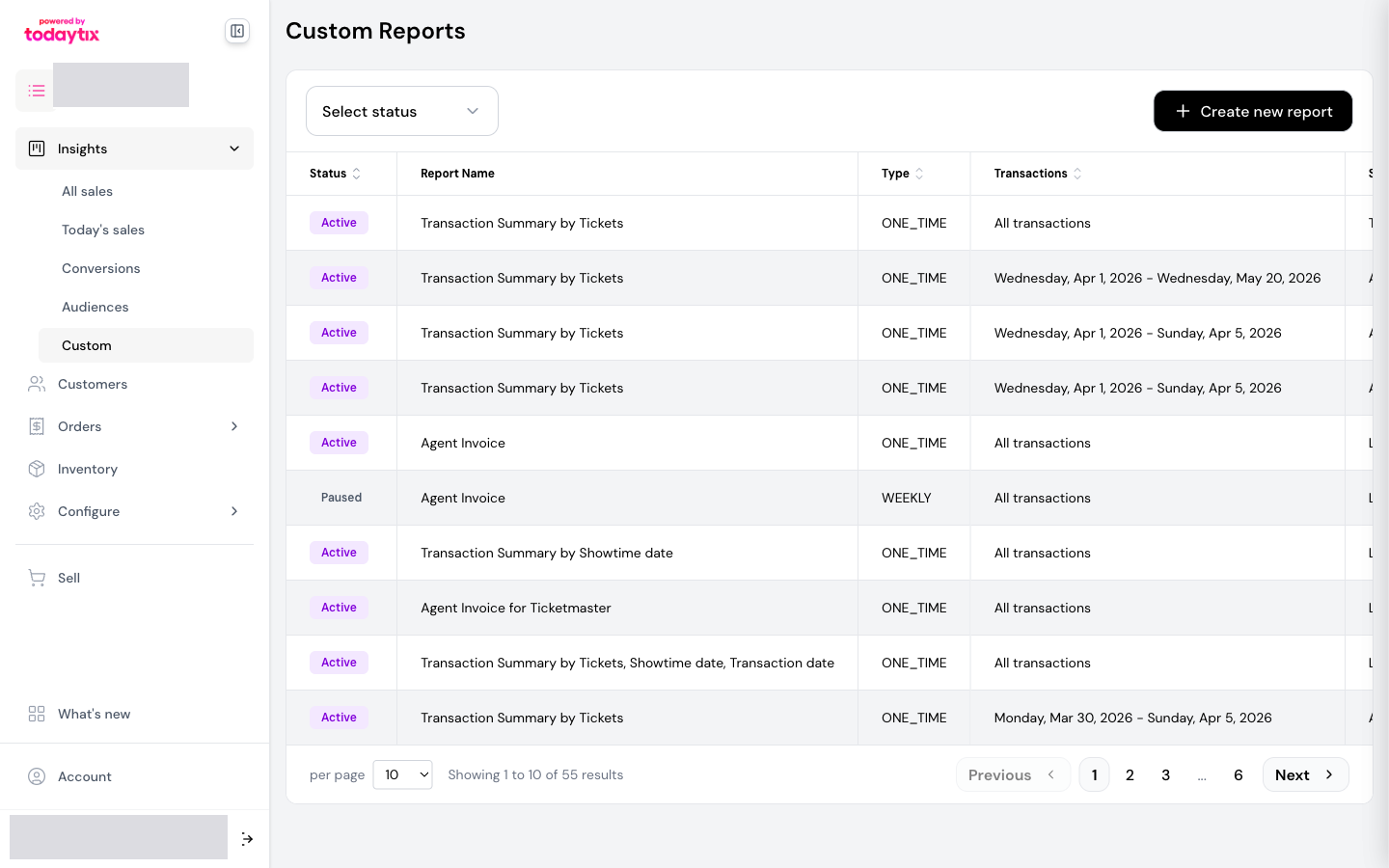 The Custom Reports list shows all existing reports with their status, type, and schedule.