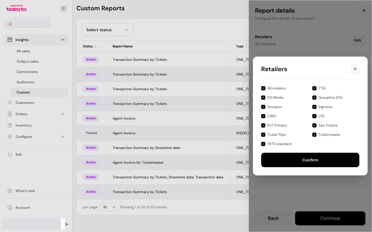 The retailer picker showing all available retailers with checkboxes.