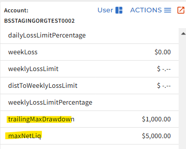 Account dashboard before trading, showing trailingMaxDrawdown and maxNetLiq values