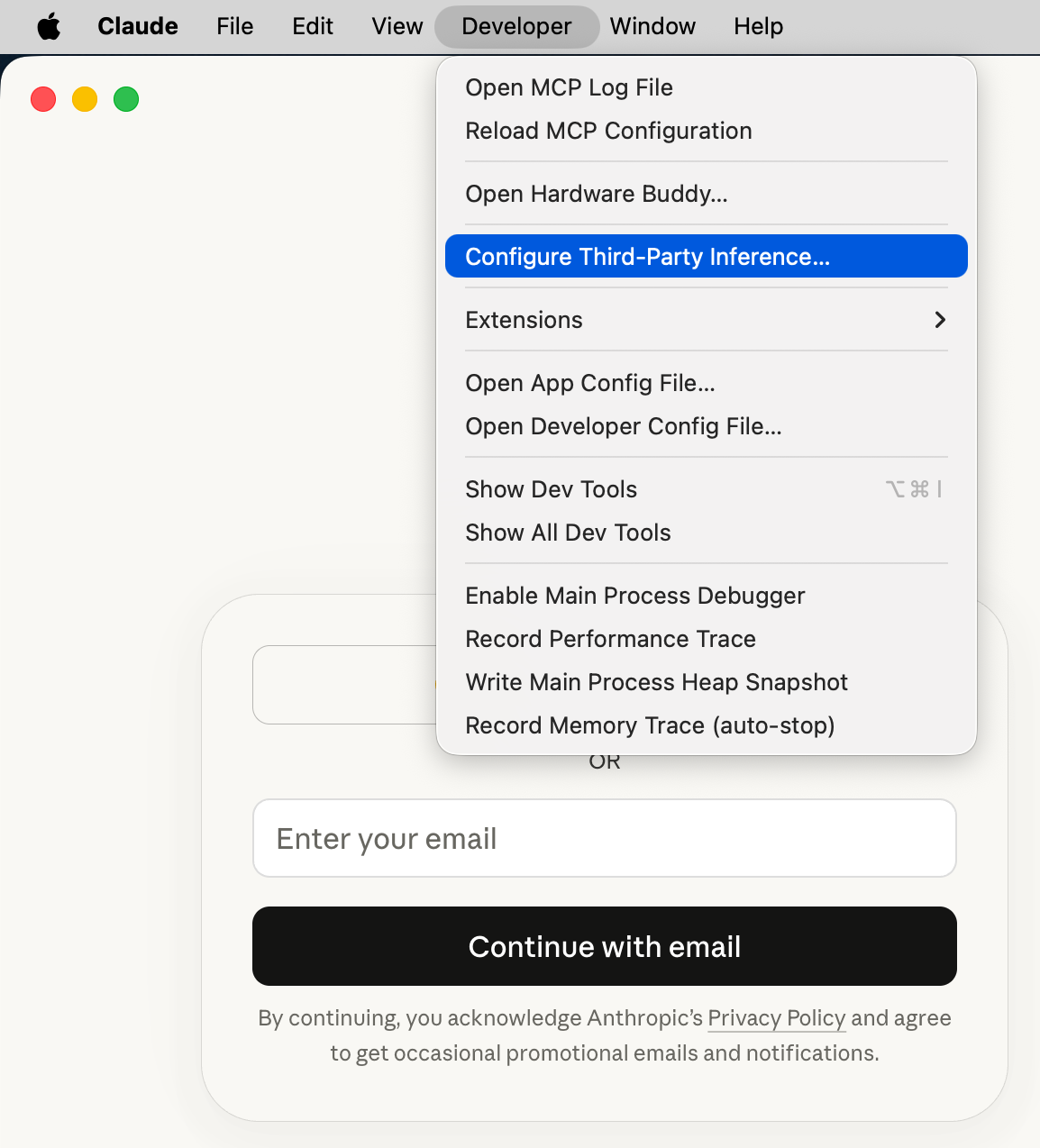 Menu Developer của Claude Desktop với Configure Third-Party Inference được làm nổi bật