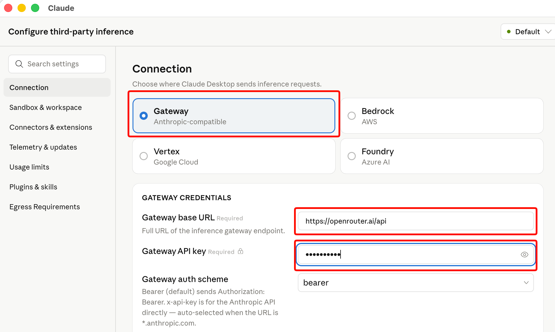 Bảng cấu hình third-party inference của Claude Desktop hiển thị Gateway được chọn cùng thông tin xác thực Trạm AI