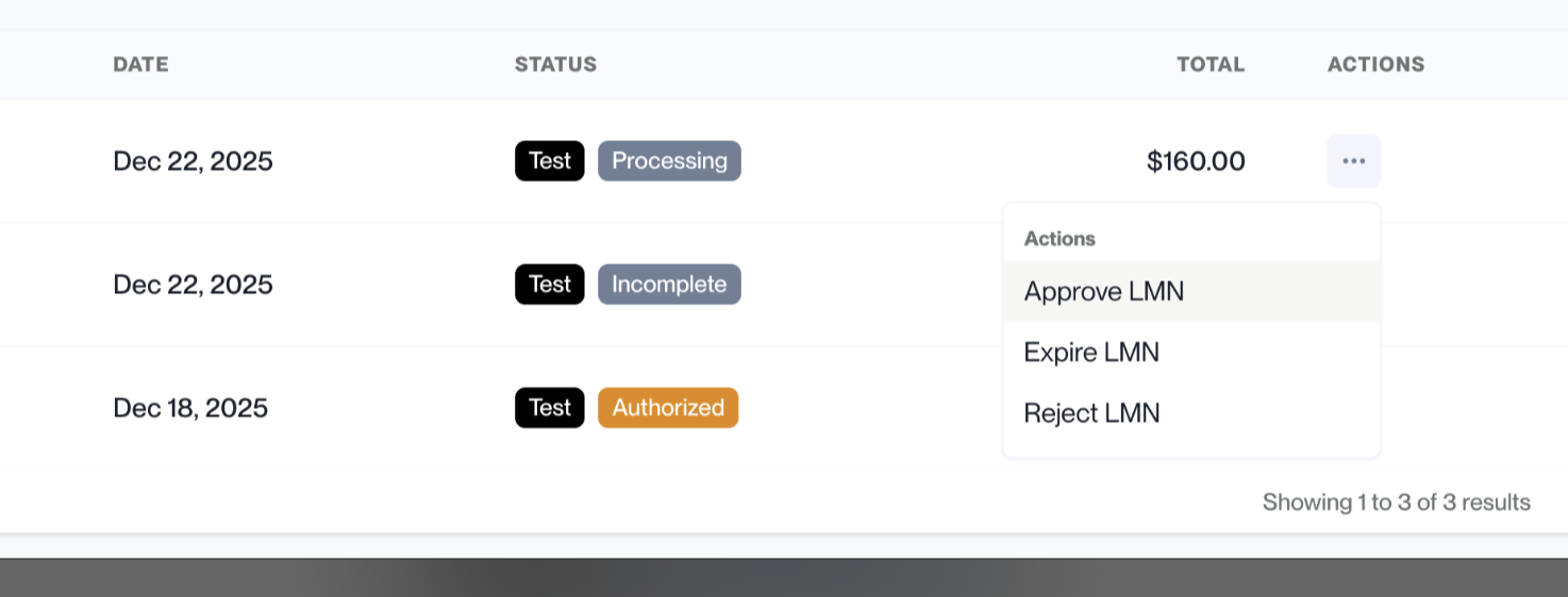 Order actions menu