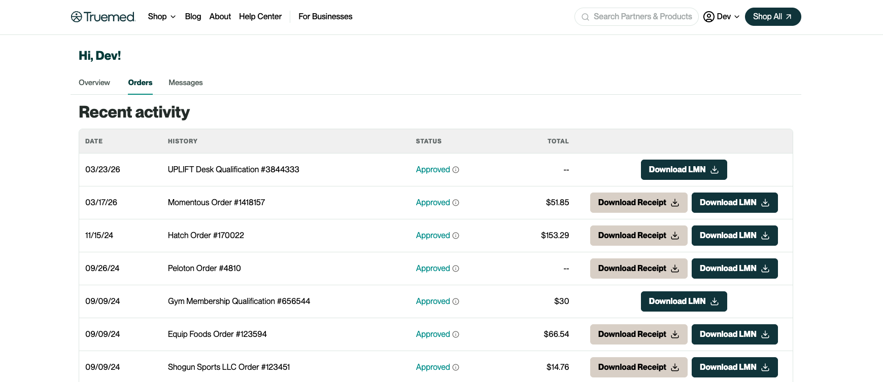 Orders tab in the Truemed dashboard showing an order with a Download Receipt button