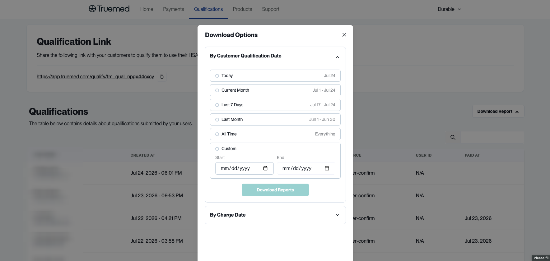 Truemed Dashboard Qualifications download options