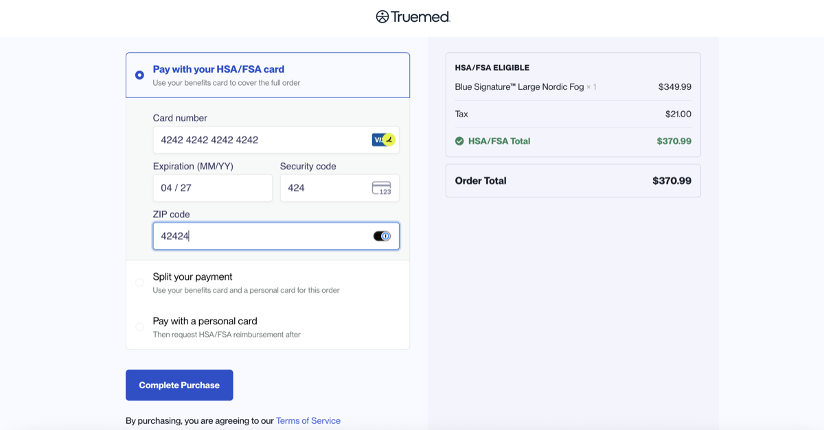 Truemed payment page for HSA/FSA card entry