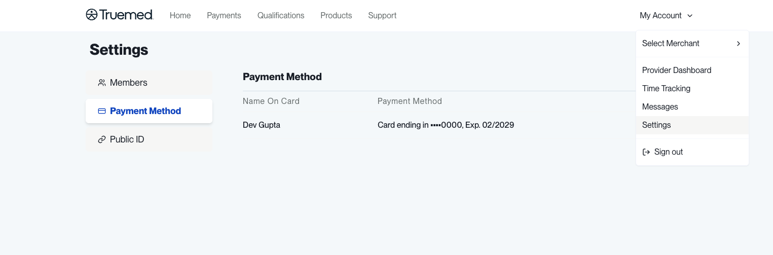 Truemed Dashboard Settings page showing the Payment Method tab