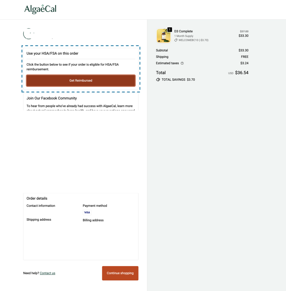 Order confirmation page with the Truemed link