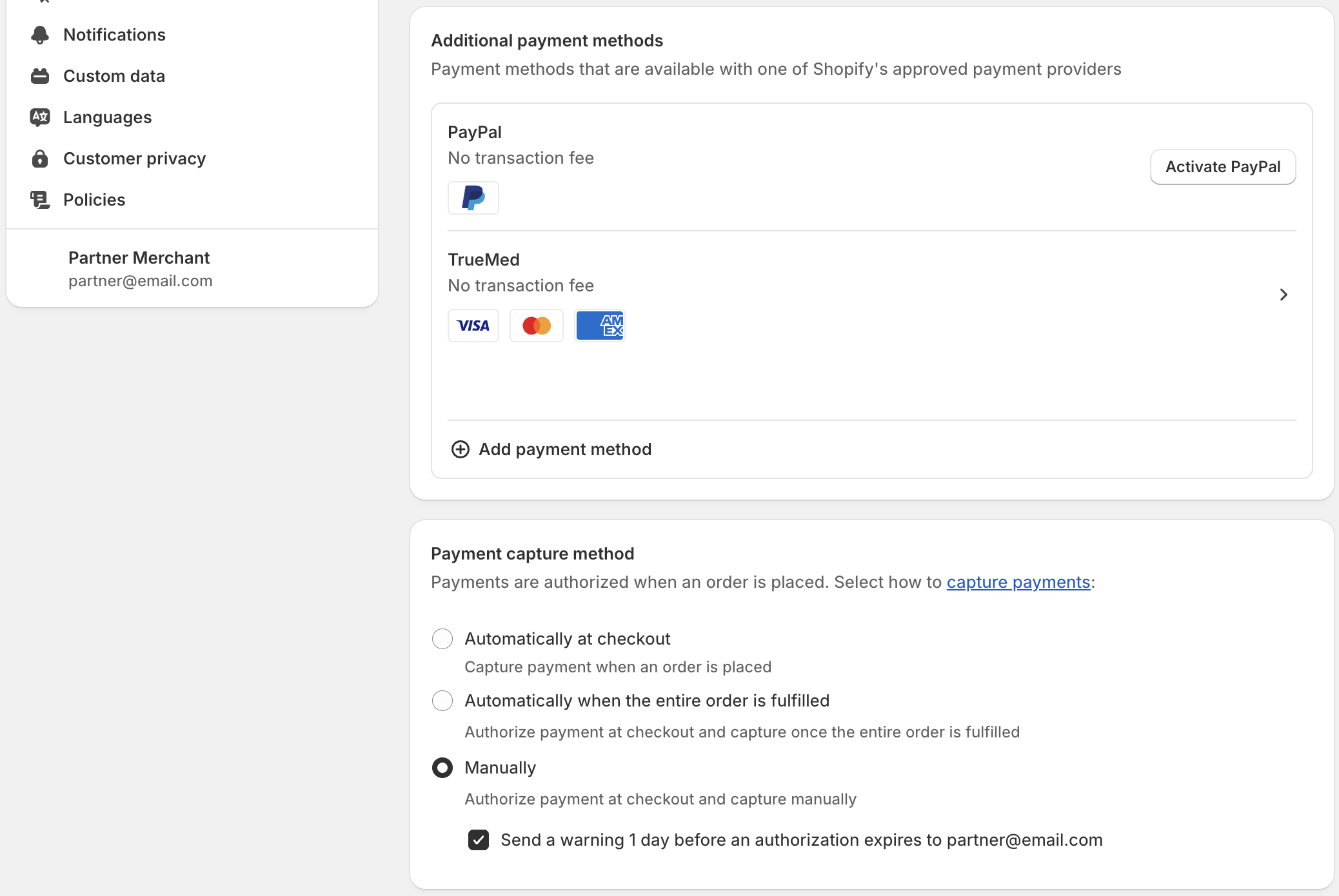 Shopify payment capture settings