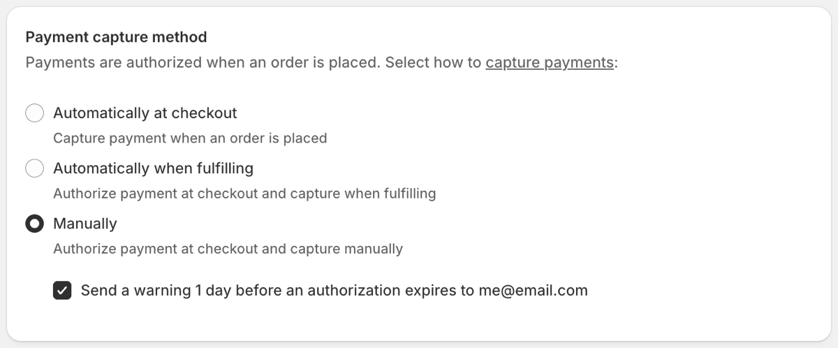 Shopify capture method settings