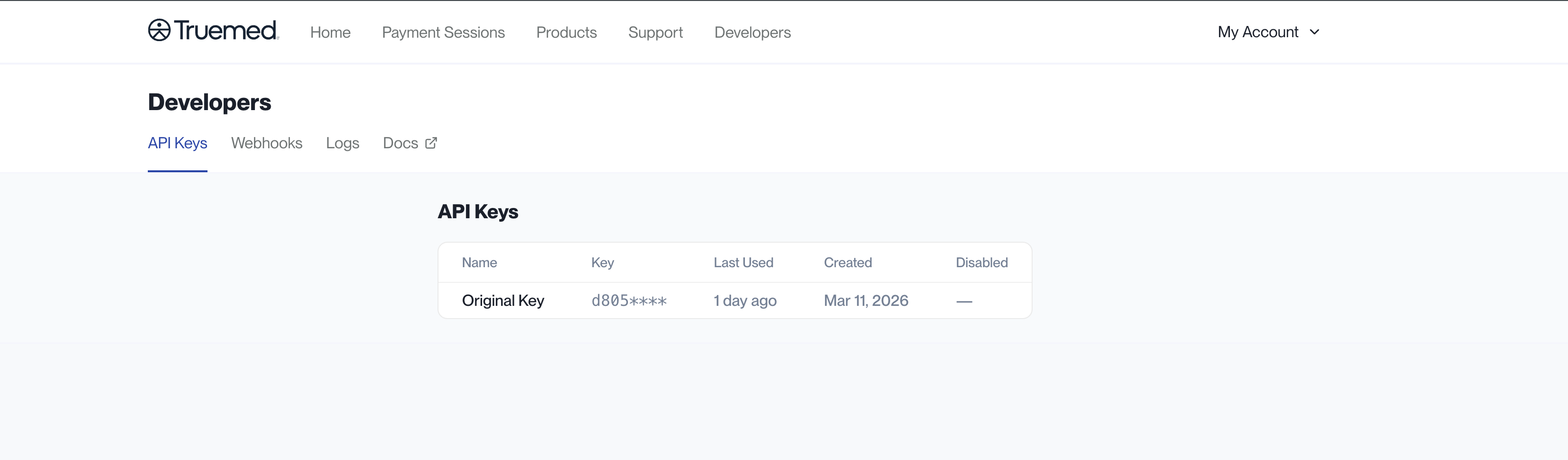 Truemed Dashboard Developers API Keys tab