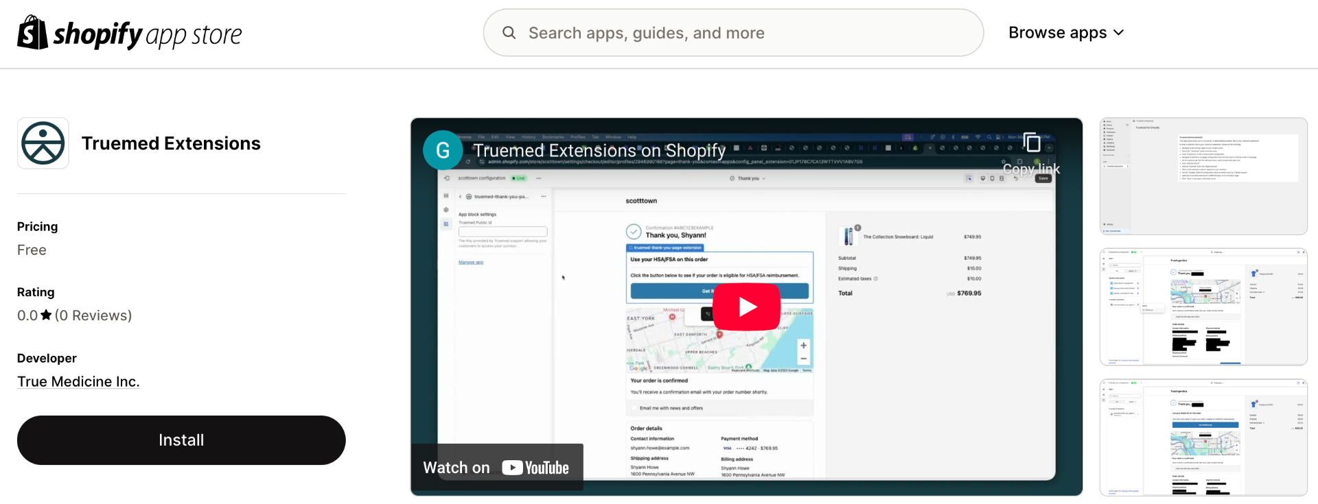 Truemed Extensions listing on the Shopify App Store