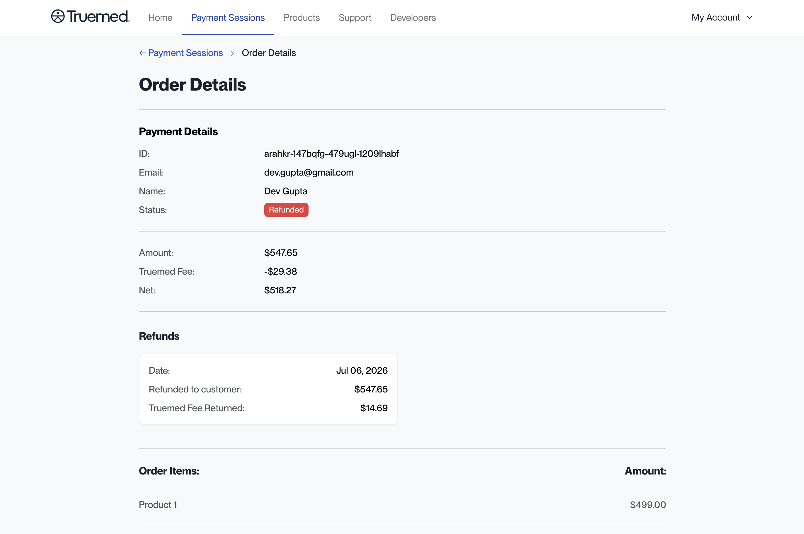 Truemed Dashboard Order Details page for a payment session