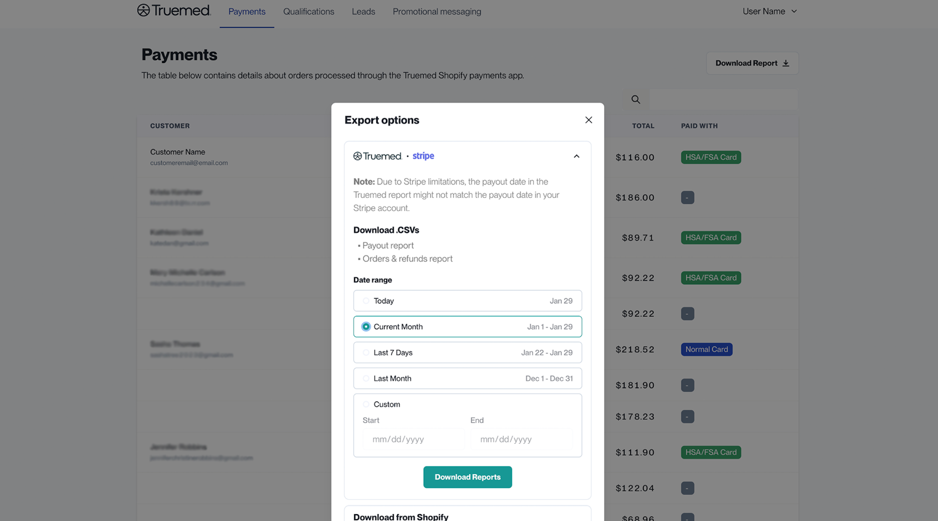 Downloading reports from the Payments Dashboard