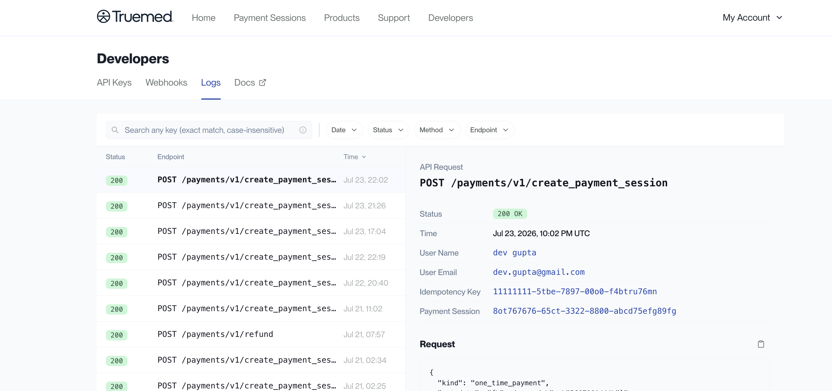 Truemed Dashboard Developers Logs tab with request detail