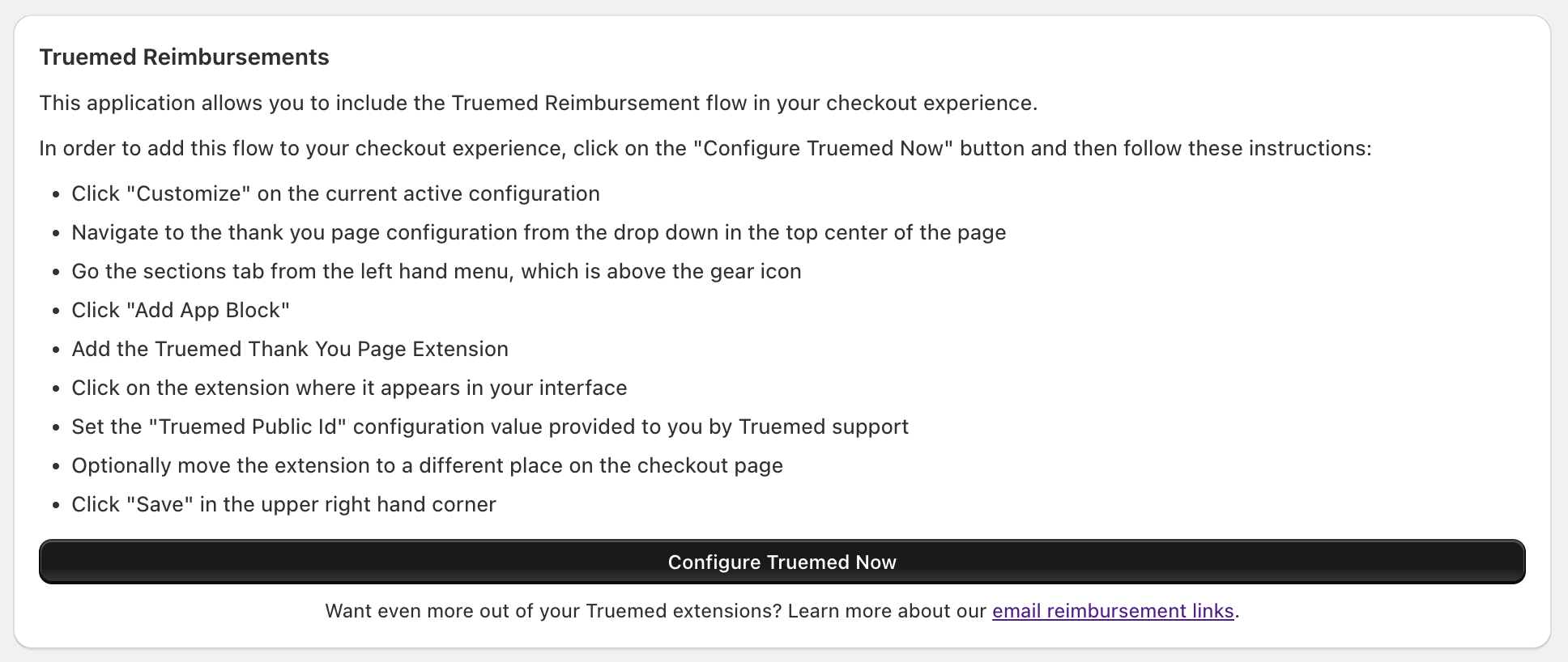 Truemed app configuration screen