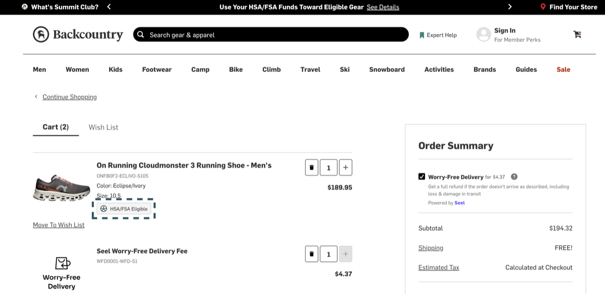 Cart and checkout reinforcement signals for HSA/FSA eligibility