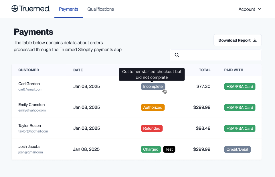 Transaction statuses in the Truemed Dashboard