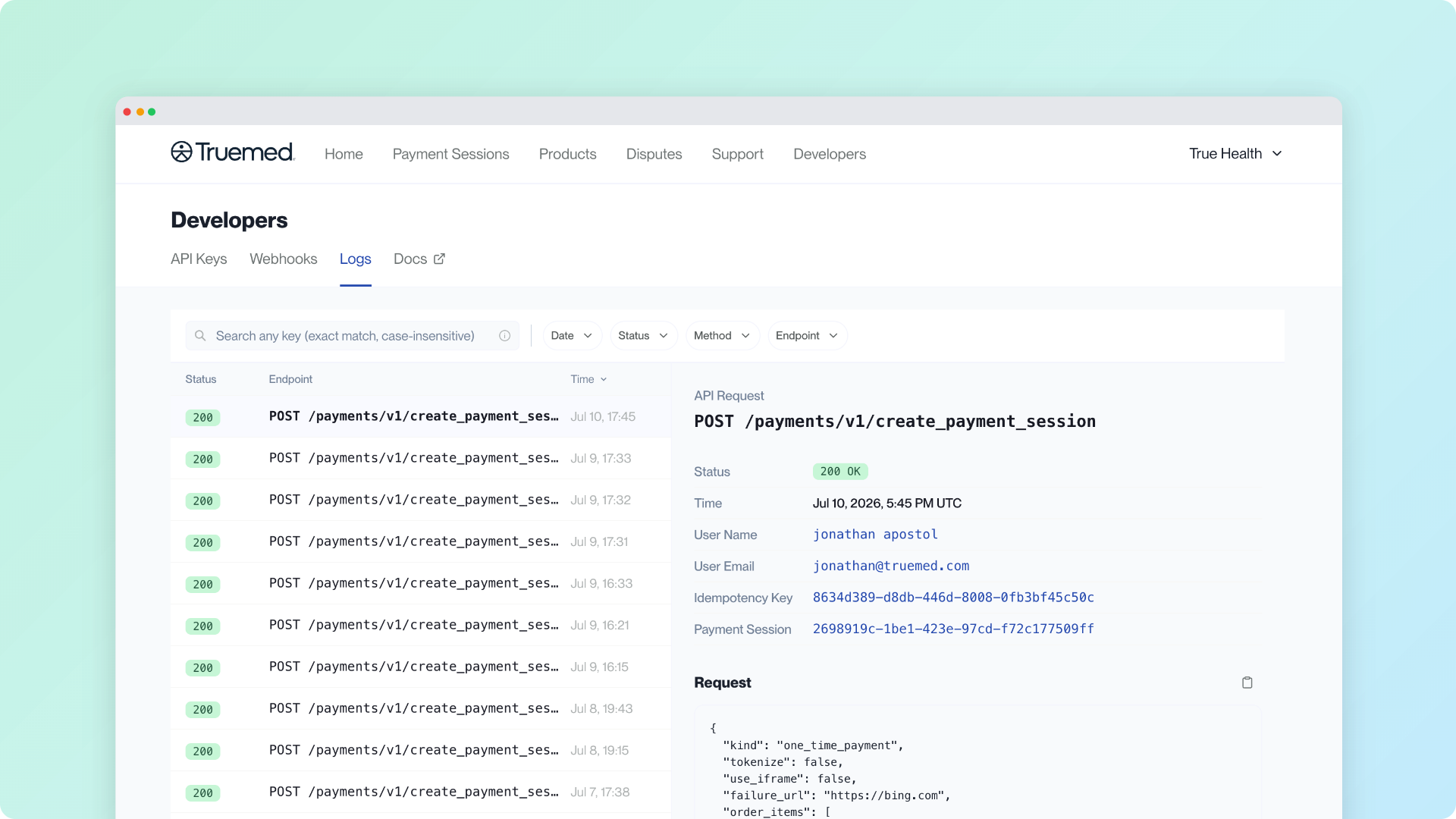 Truemed developer dashboard