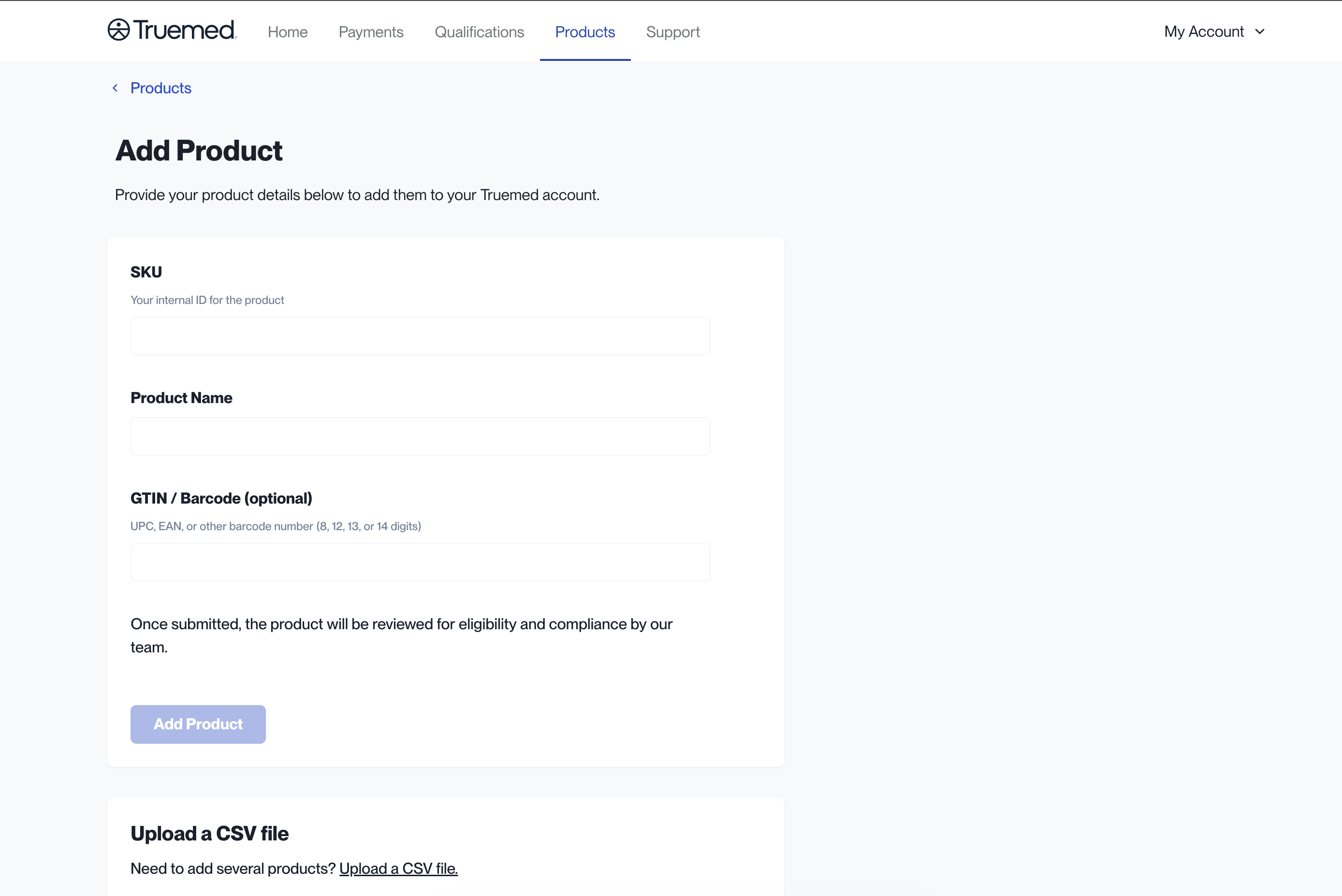 Truemed Dashboard Add Product form