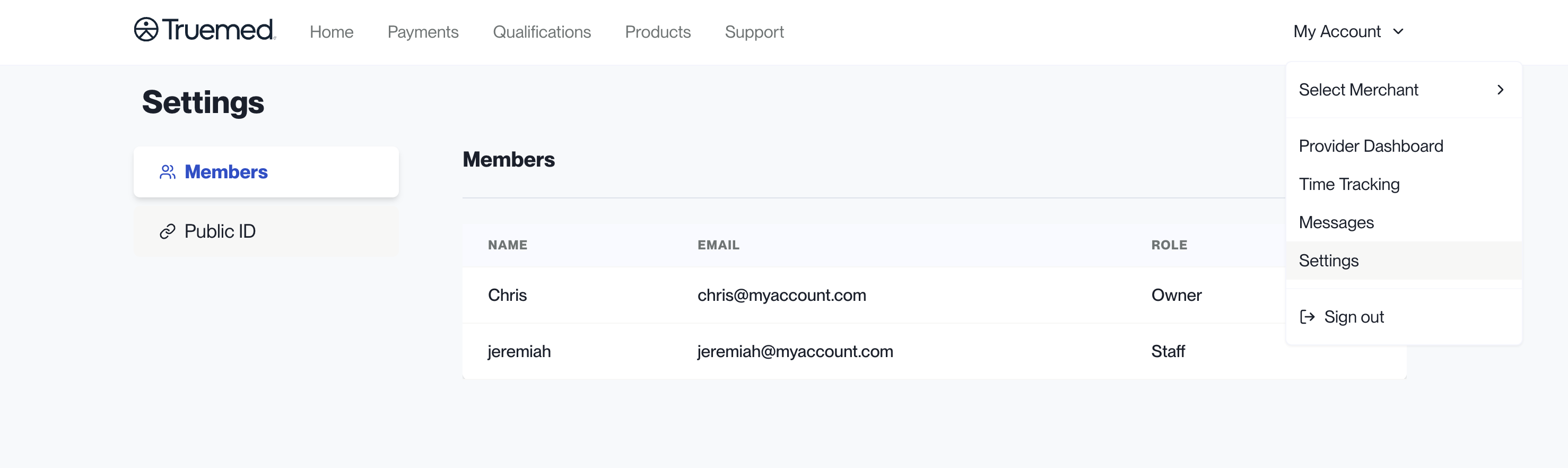 Truemed Dashboard Settings page showing the Members list and Public ID tab