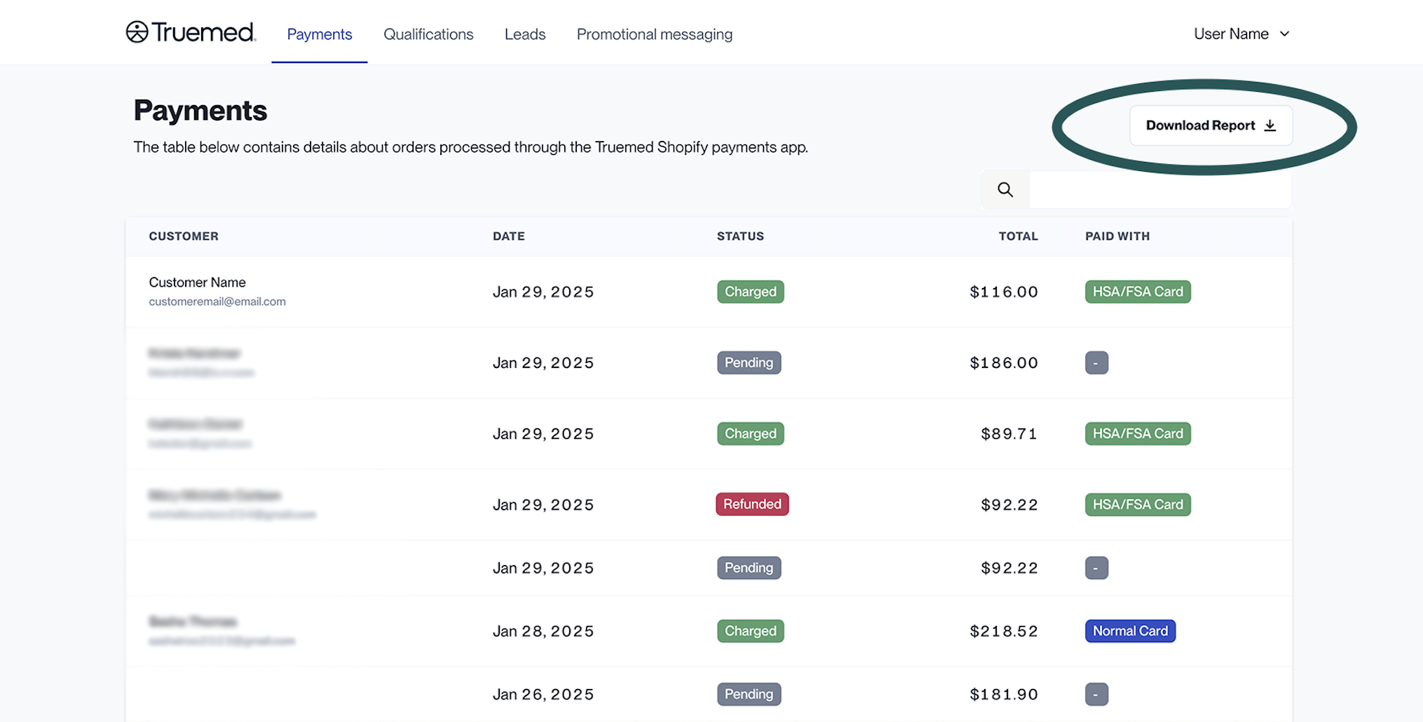 Payments and refunds report example