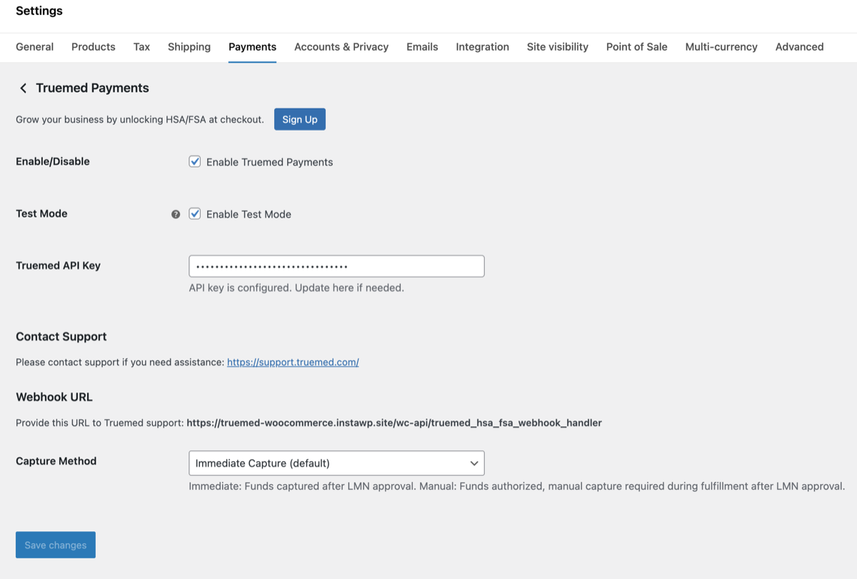 Truemed plugin settings with API key and test mode