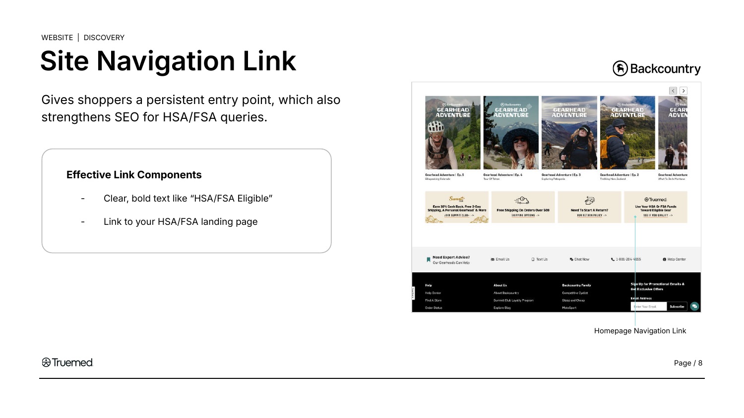 Backcountry's homepage with an HSA/FSA navigation link above the footer