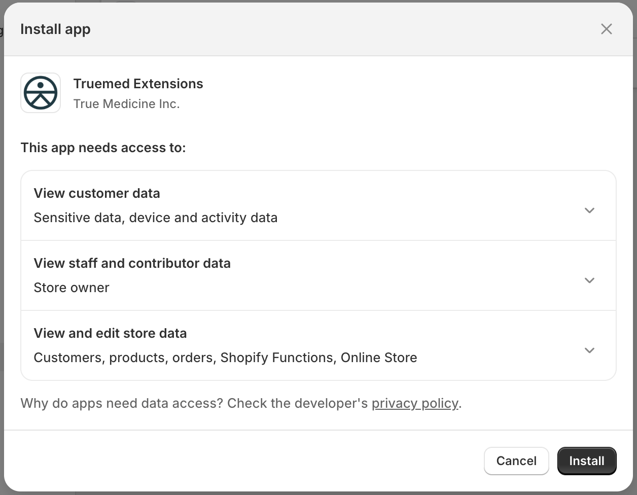 Shopify install permissions screen for the Truemed Extensions App