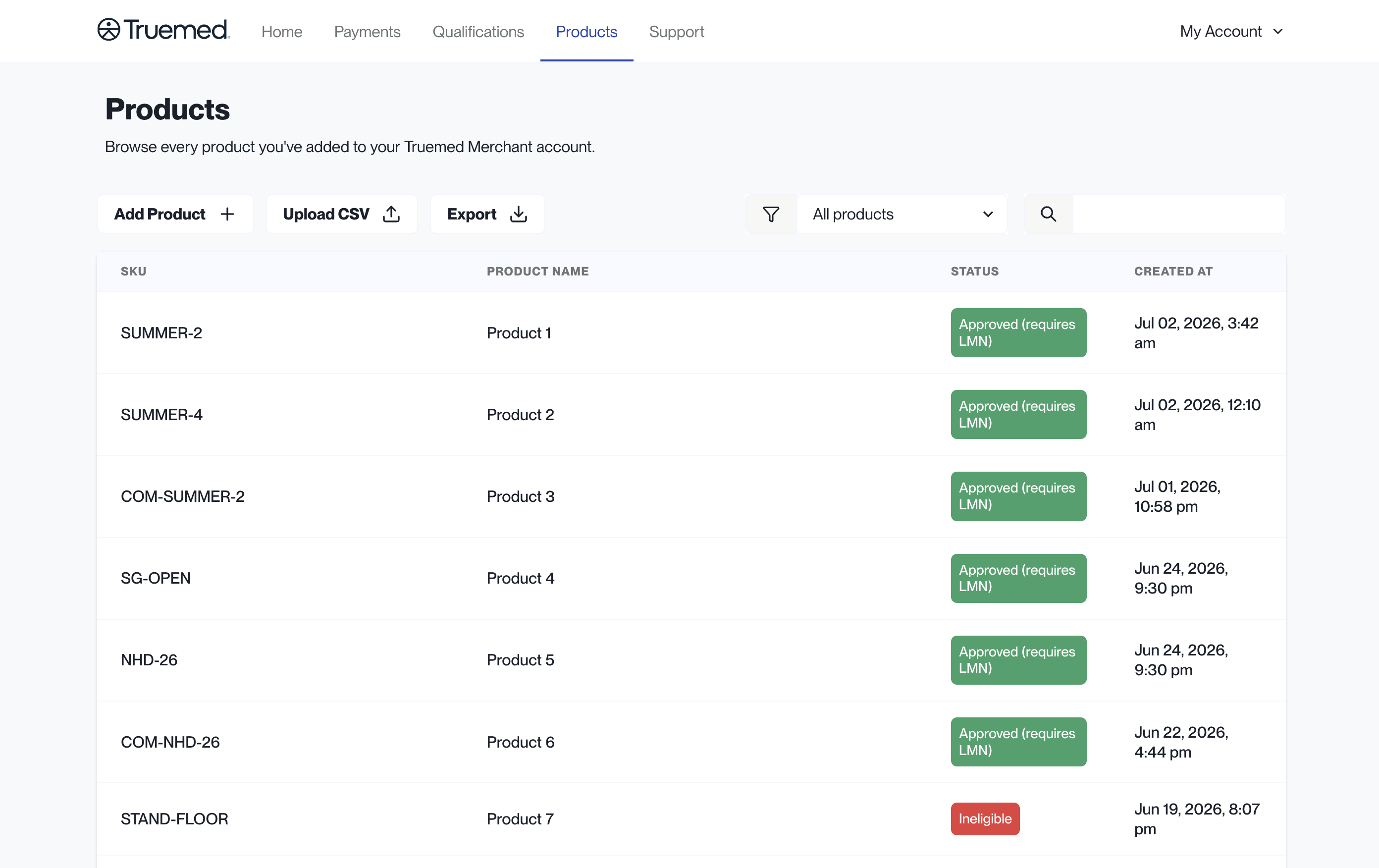 Truemed Dashboard Products page listing added products and their statuses