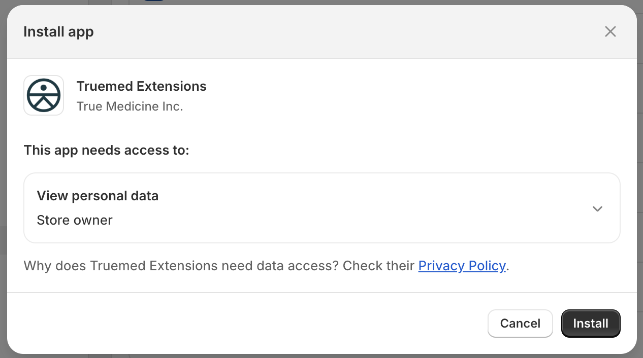Shopify install confirmation screen