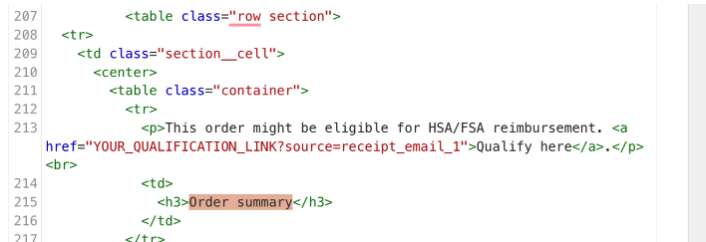 Post-purchase email example with HSA/FSA reimbursement link