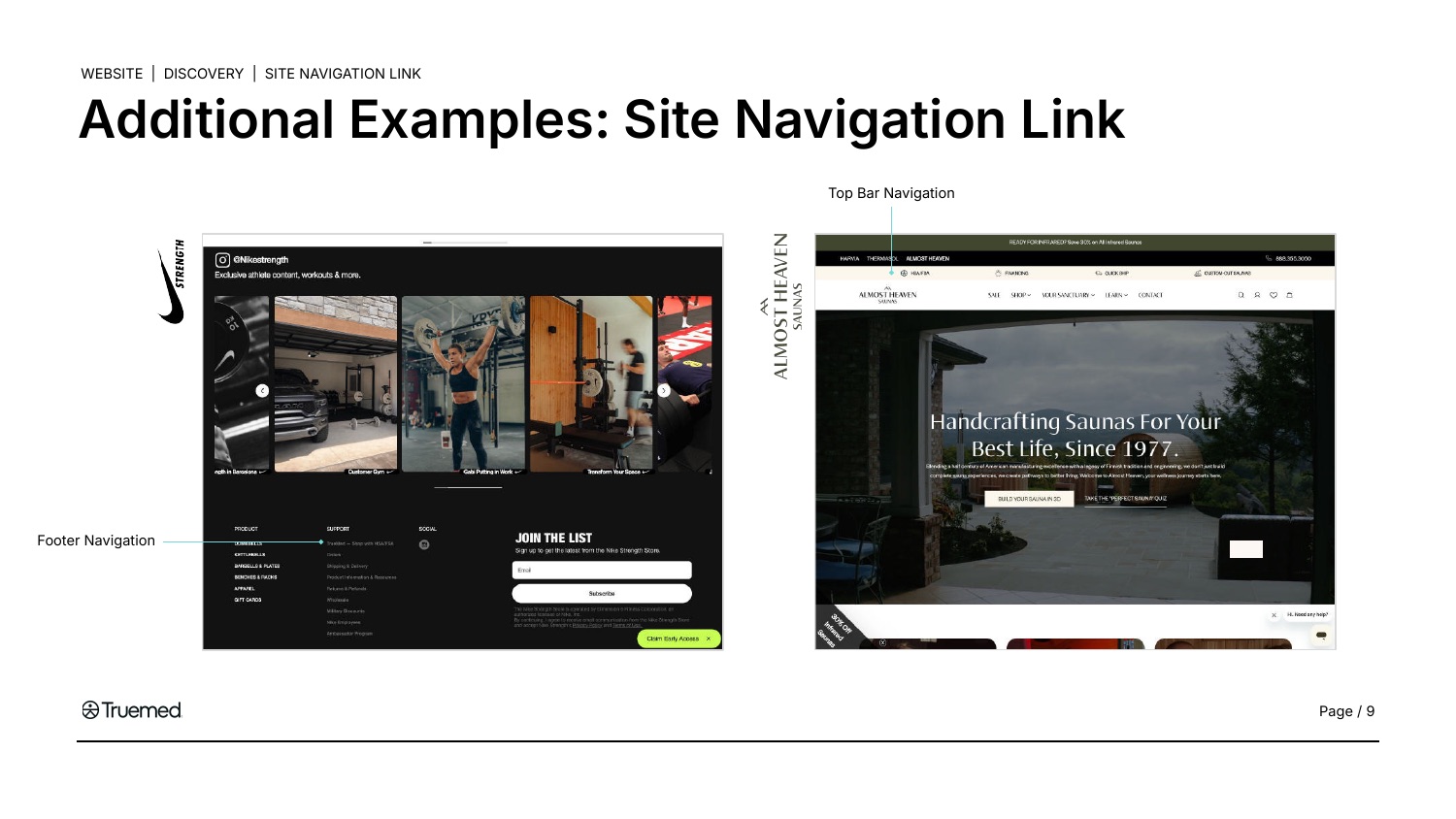 Site navigation examples from Nike Strength and Almost Heaven Saunas