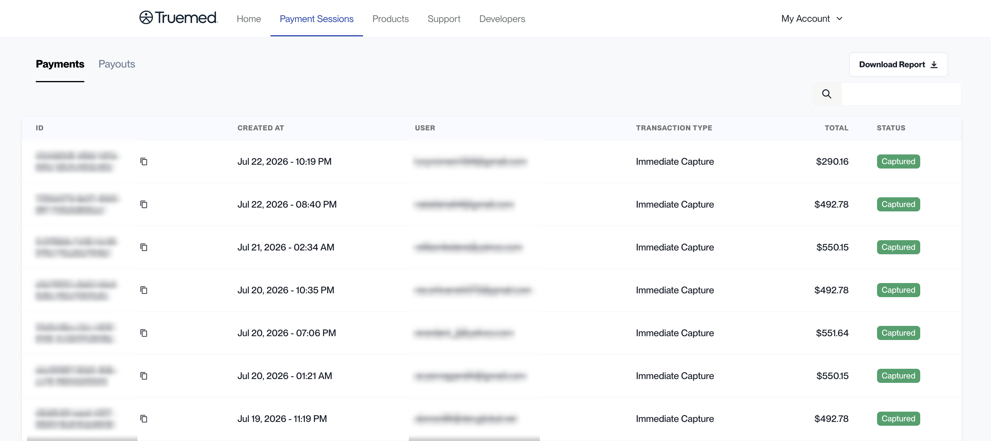 Truemed Dashboard Payment Sessions Payments tab