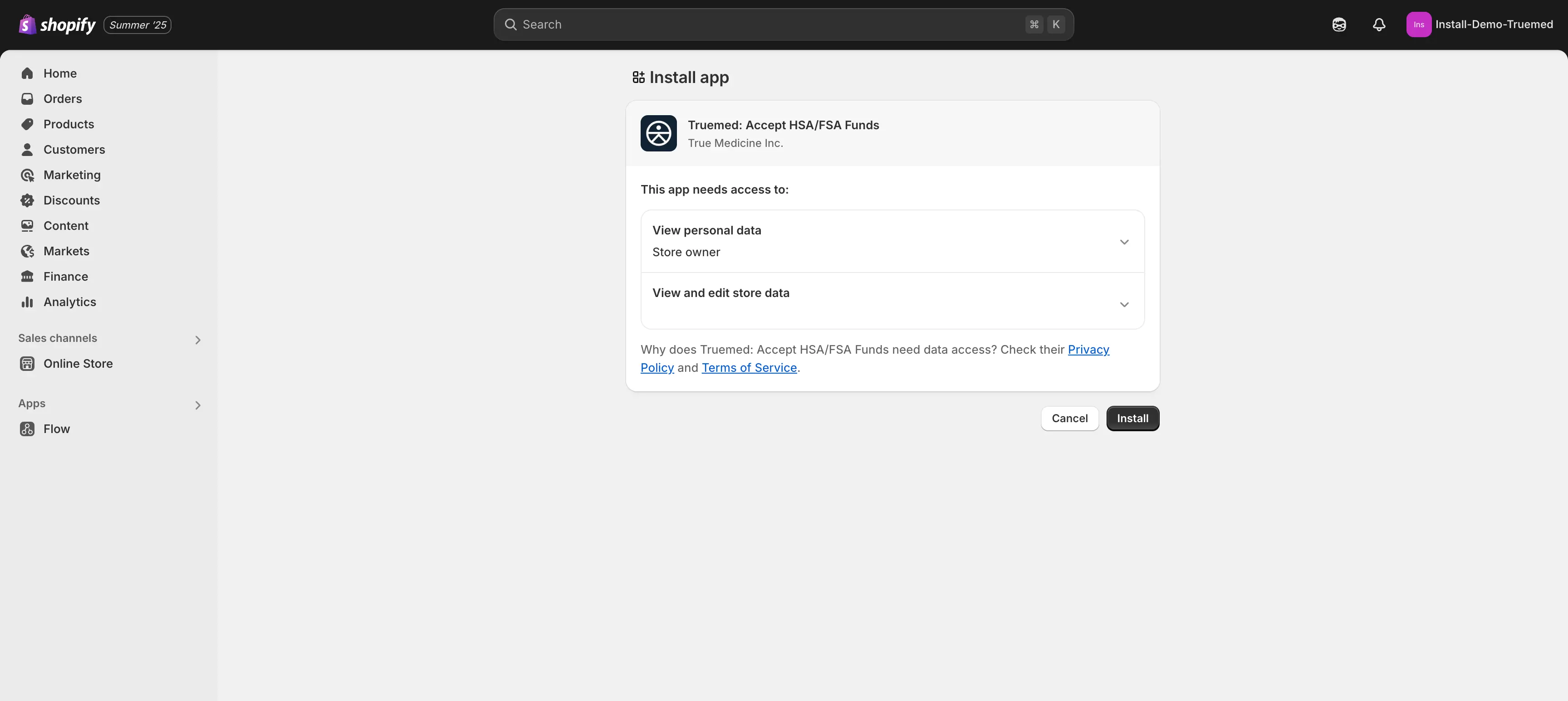 Truemed app settings page in the Shopify admin