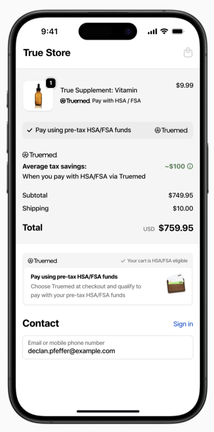 Shopify checkout with the five Truemed HSA/FSA widgets in place
