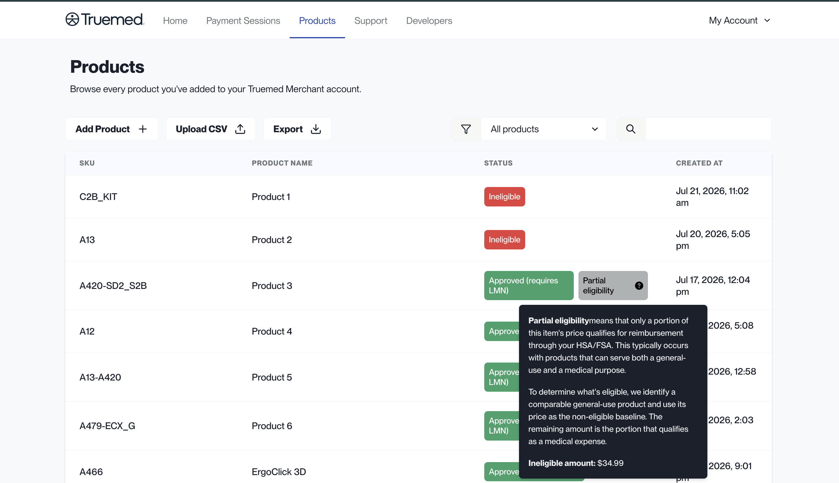 Truemed Dashboard Products page with eligibility statuses