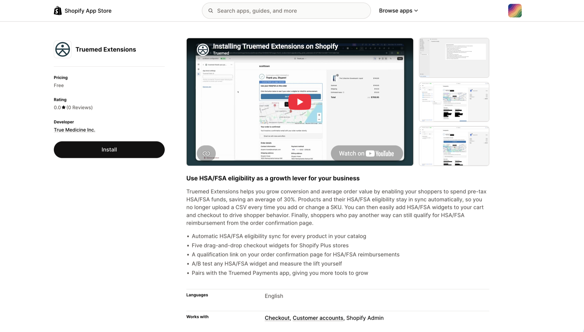 Truemed Extensions App listing on the Shopify App Store