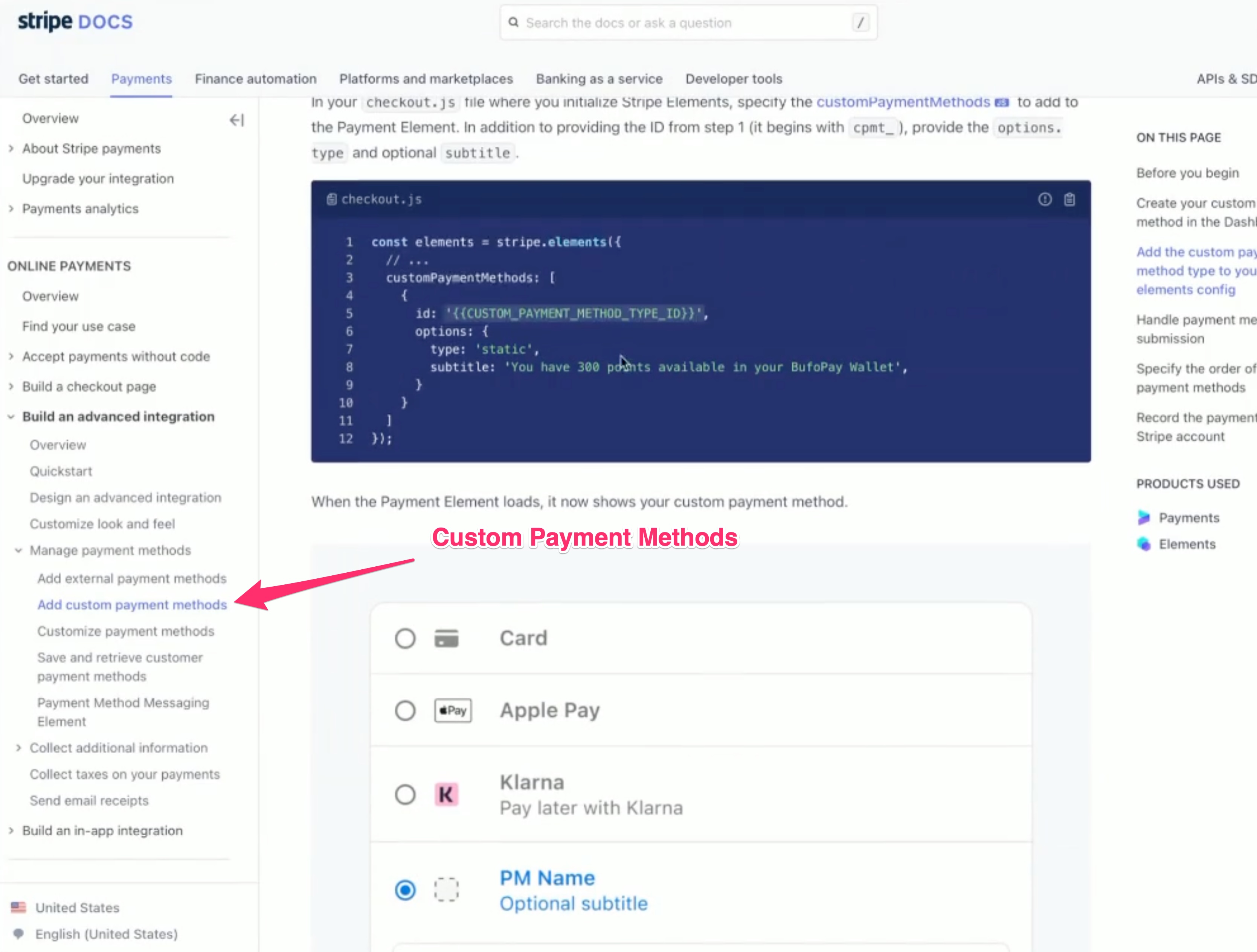 Stripe Custom Payment Methods Docs