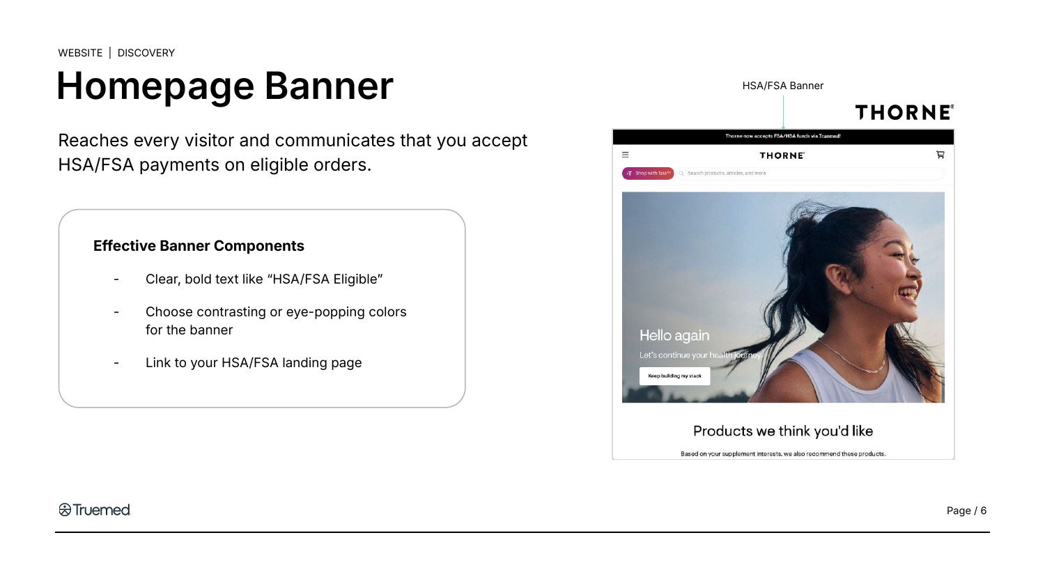 Thorne's homepage with an HSA/FSA banner pinned above the site navigation