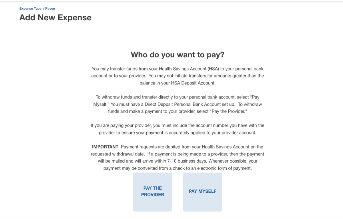 HSA/FSA administrator portal claim submission, continued