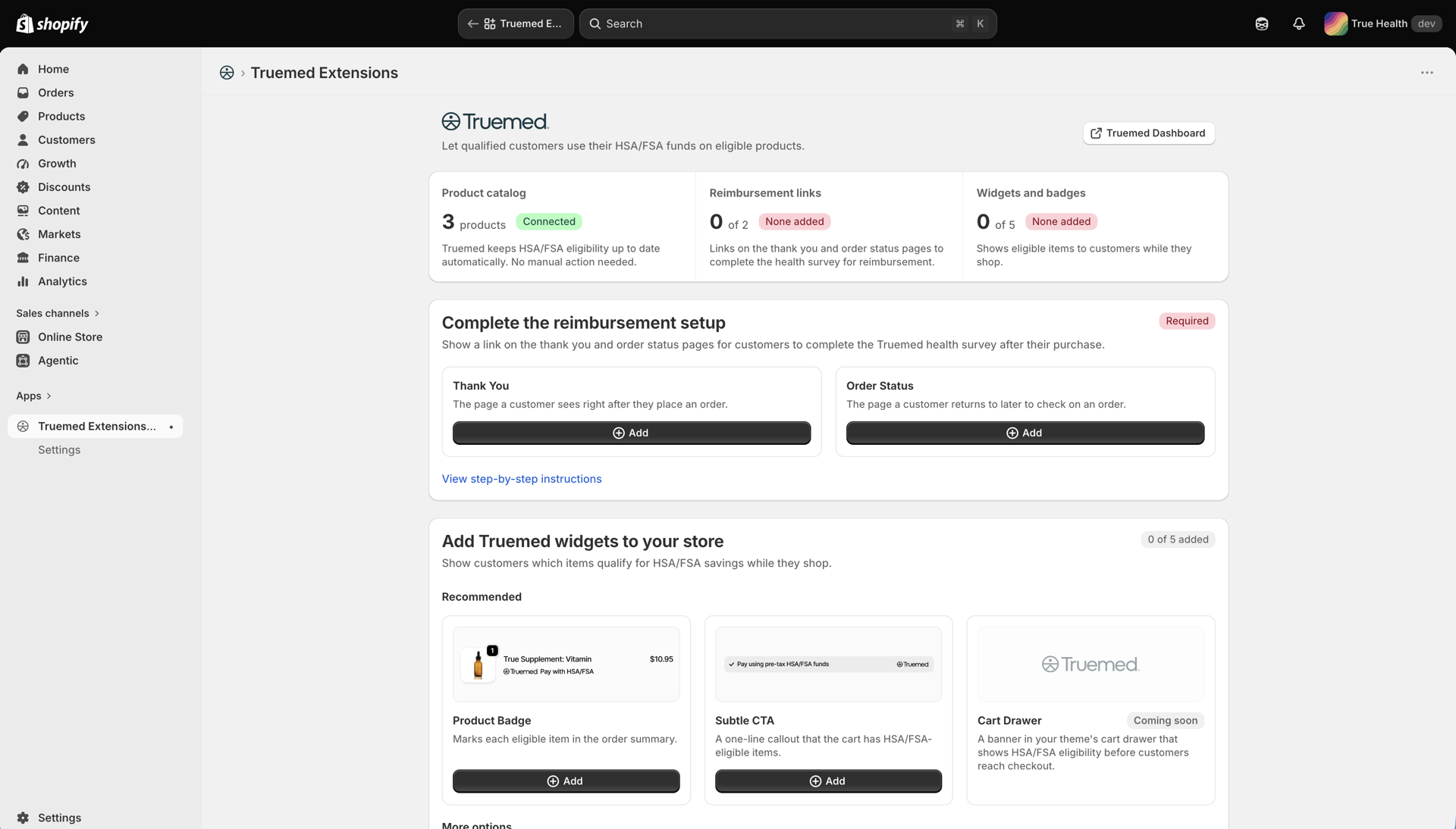 Truemed Extensions App home page in the Shopify admin