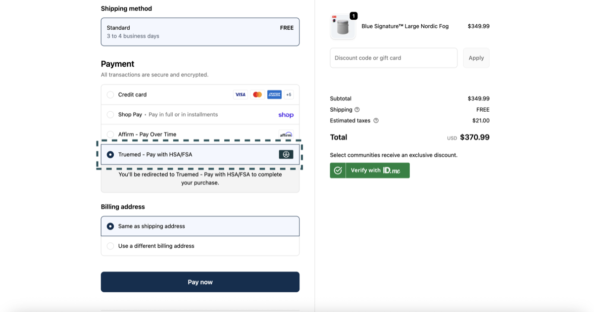 Truemed shown as a payment method at checkout
