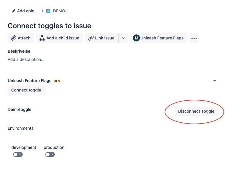 Jira Cloud: issue with a connected flag. The 'disconnect flag' button (highlighted) is displayed next to the flag's name.