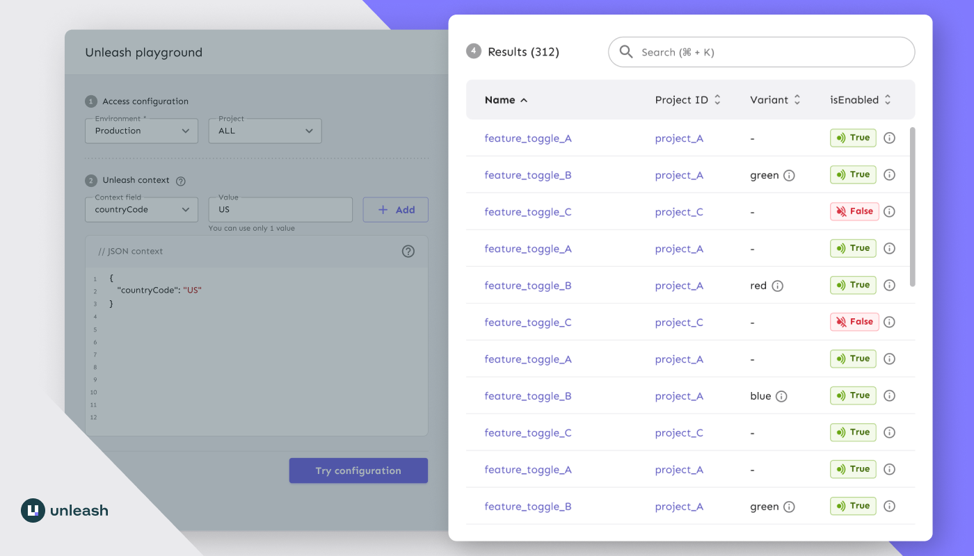 Playground results: a table of feature names and whether they're enabled or not.