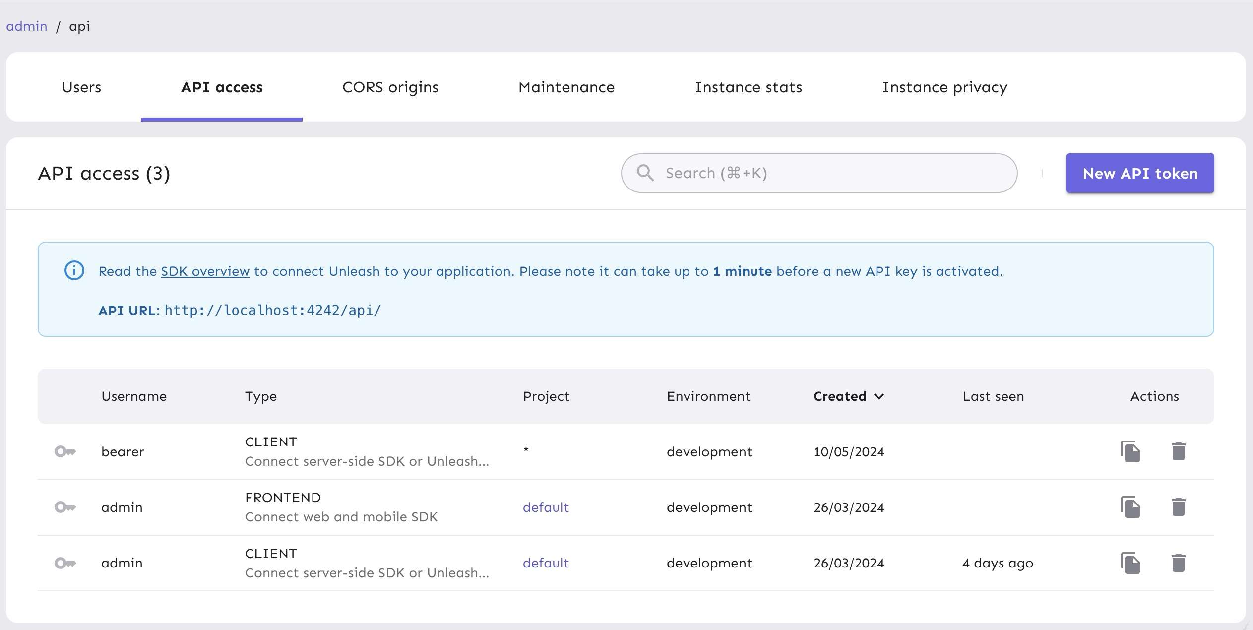 Unleash's API token list